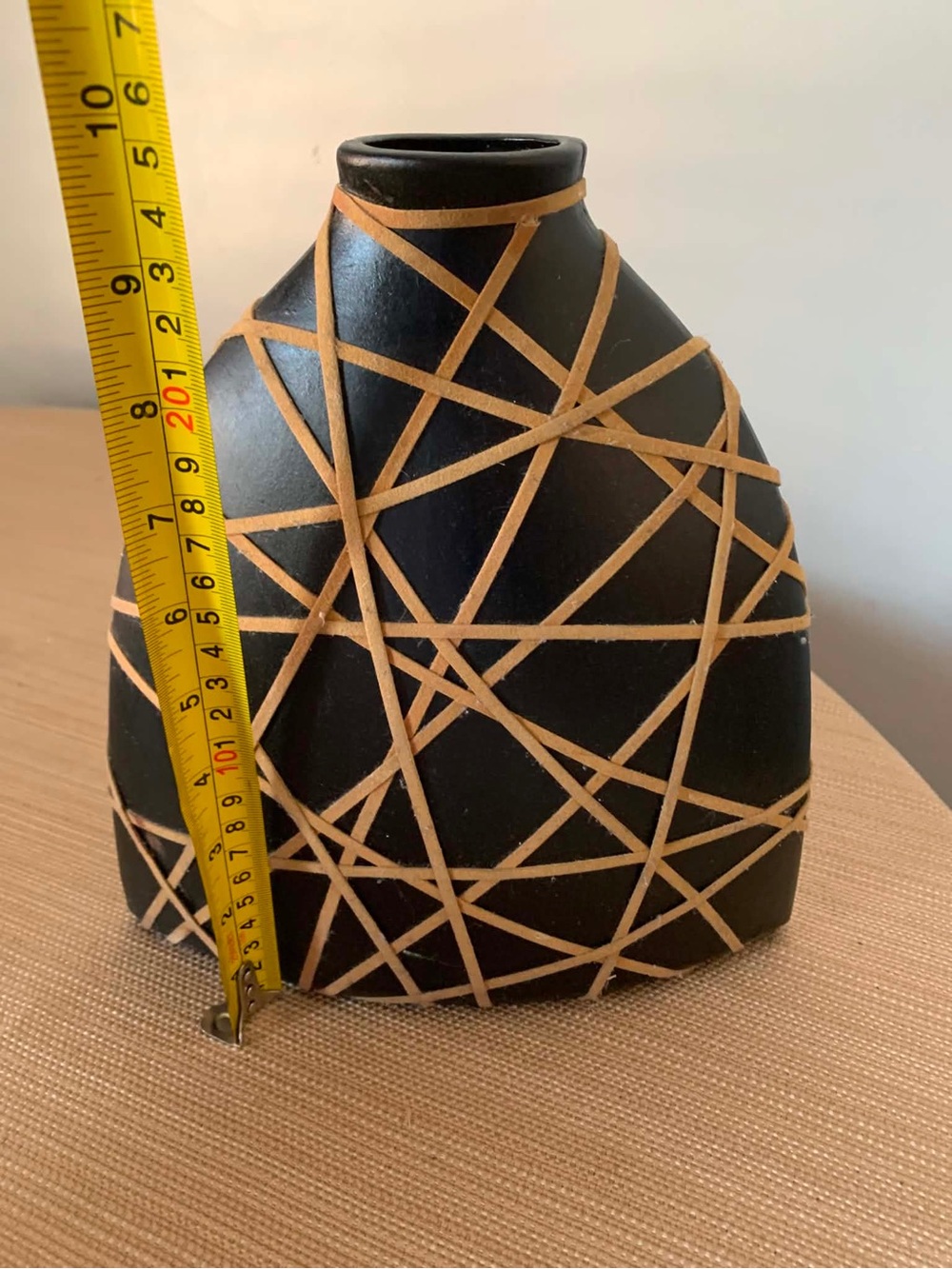 Black Ceramic Vase with Tan Leather Wrap Modern Boho Tribal Decor 10”